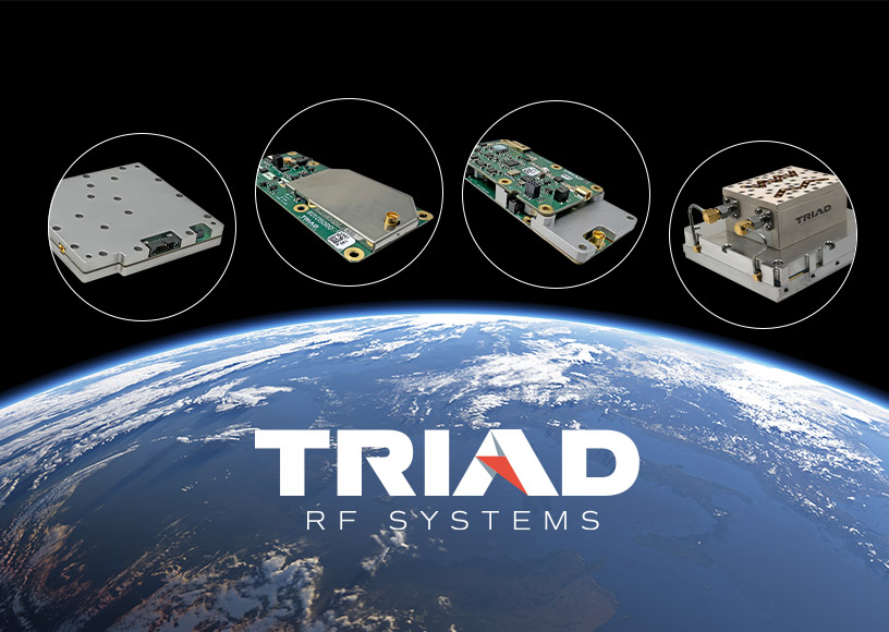View of the Earth from low orbit surrounded by four CubeSat RF amplifiers and subsystems with the Triad logo in the center